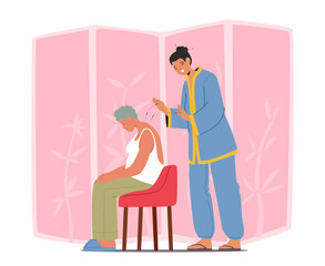 Woman master applying acupuncture to elderly female client for non-invasive healing cartoon scene