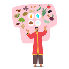 Asian doctor presenting nutritional therapy infused with Eastern alternative medicine cartoon scene