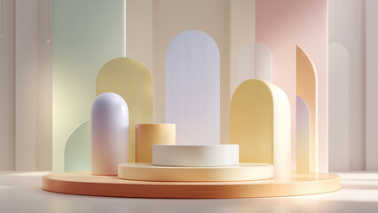 Naklejka na ściany i meble Pastel 3D Podium with Abstract Geometric Shapes in Soft Minimal Interior