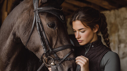 Woman prepares horse for riding in stable during daylight hours