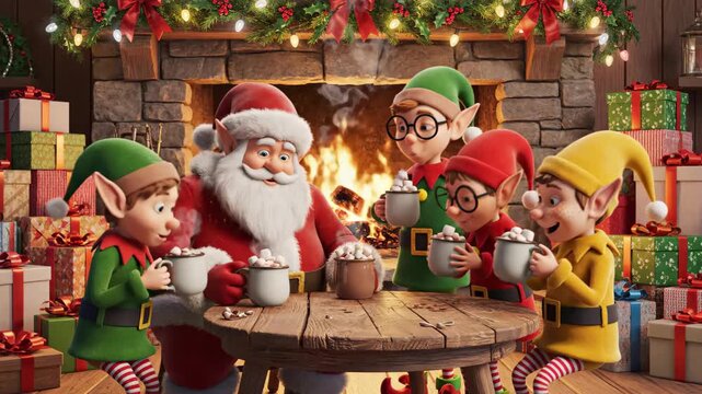 Joyful holiday gathering with Santa and cheerful elves enjoying hot cocoa by the fireplace