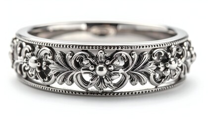 Elegant floral band ring with intricate filigree details on a white background