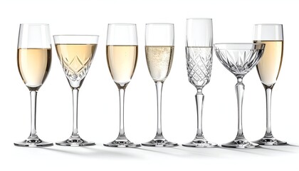Elegant champagne glasses arrayed on white background for celebration