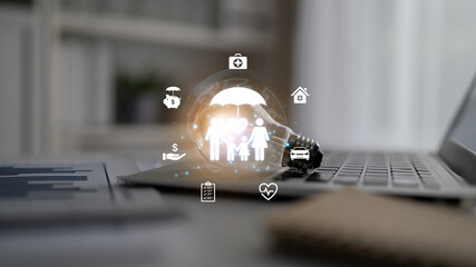 Fototapeta premium Concept of comprehensive insurance coverage and financial planning. A policy that provides life, health, and asset protection for a family's security and risk management. Fermion
