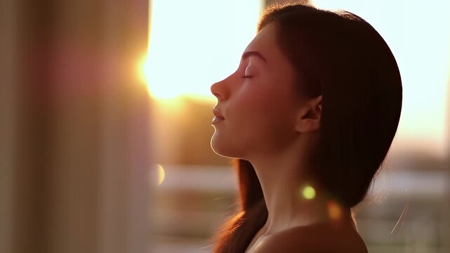 A woman stands in profile near a window, with warm sunlight streaming in during sunset. The woman gazes thoughtfully outside, highlighting the serene atmosphere created by the ligh