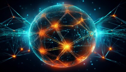vibrant bio digital sphere network intricate glowing teal and orange connections on a dark background