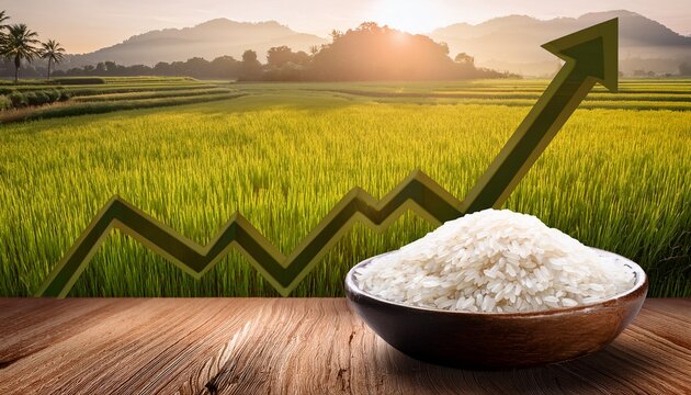montones de arroz blanco en cuenco y sobre mesa de madera con grafico de inflacion en alza y campo de arroz al fondo