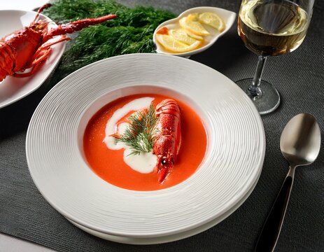 sopa de langosta servida en tazon blanco decorada con nata y eneldo acompanada de copa de vino