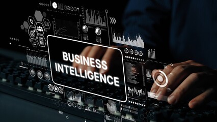 Hands typing on keyboard with digital interface displaying data analytics and business intelligence insights. Asymptotic smart data analytic.