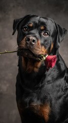 Obraz premium Elegant rottweiler dog with romantic red rose in mouth on dark studio background — Valentine's Day animal portrait with strong and tender expression