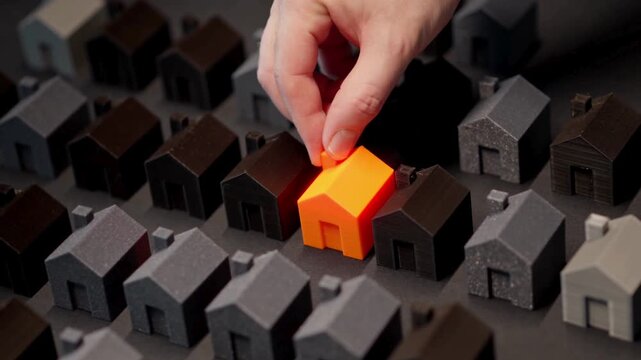 Hand selecting a vibrant orange standout house model from a dark, uniform neighborhood symbolizing real estate opportunity and market differentiation