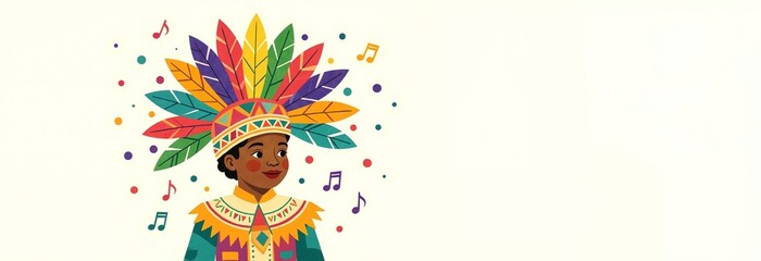 Naklejka premium Young Black person in colorful Mardi Gras costume with large feather headdress. Festive carnival celebration with music and confetti. Vector illustration banner with copy space
