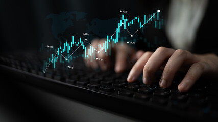 Stock market analysis with candlestick chart and price movement trend line, highlighting global financial trends, stock trading, and investment strategy insights Latch