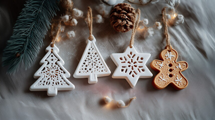 white or milky acrylic surface with cut-out shapes of festive elements such as Christmas tree, snowflake, gingerbread cookie, bells, and stars, colorful glowing lights shining through the cutouts