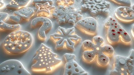 white or milky acrylic surface with cut-out shapes of festive elements such as Christmas tree, snowflake, gingerbread cookie, bells, and stars, colorful glowing lights shining through the cutouts