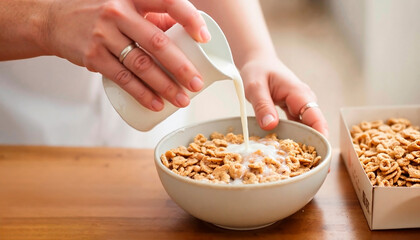 Hands pouring milk into wholegrain cereal