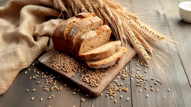 sliced loaf of bread with wheat grains and grains on wooden surface.