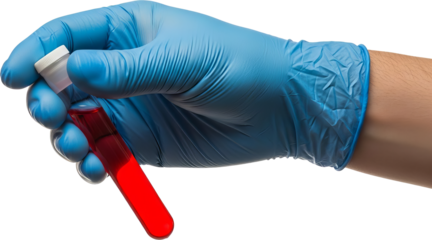 Close-up of a hand in blue medical glove holding a test tube with a red liquid sample, isolated on transparent background.