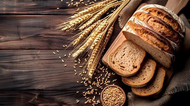 A rustic wooden table with a loaf of bread, wheat ears, and sesame seeds. The bread is sliced and placed on a wooden cutting board.