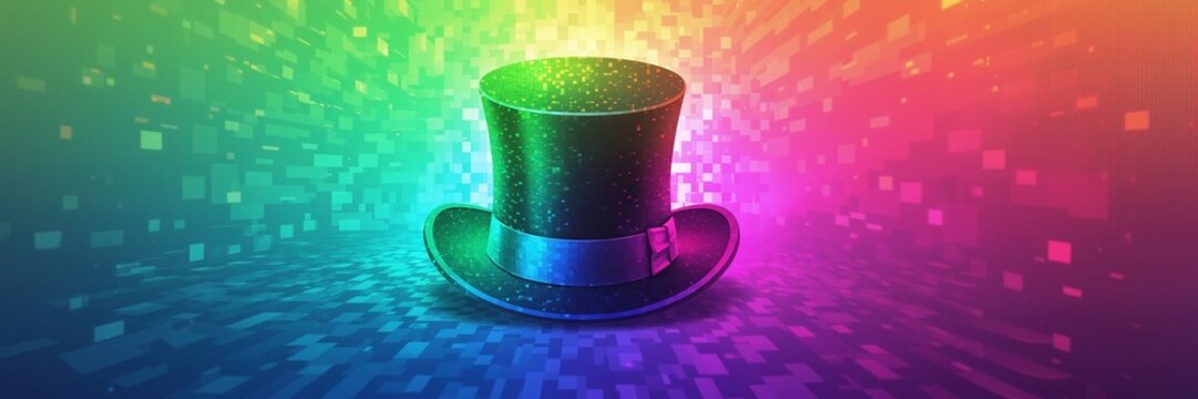 Digital top hat on a colorful pixelated background. St. Patrick's Day celebration and magic show concept. Futuristic technology and entertainment banner