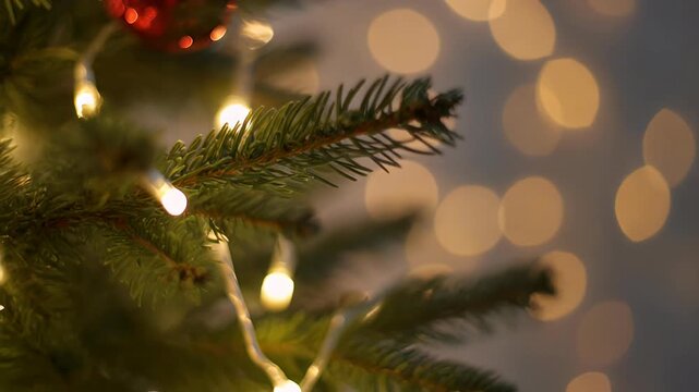Close-up of a festive Christmas tree branch adorned with glowing string lights and a red ornament, with blurred bokeh lights in the background.