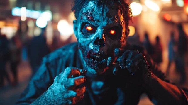 Creepy undead monster with glowing red eyes staring at the camera. A scary, bloody zombie in a dark city street during a horrifying apocalypse