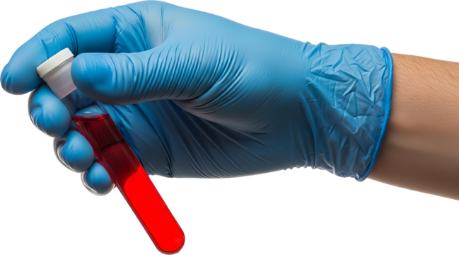 Close-up of a hand in blue medical glove holding a test tube with a red liquid sample, isolated on transparent background. - Powered by Adobe