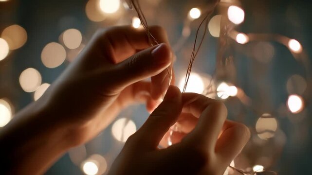 Close-up of delicate hands gently untangling a string of warm, glowing fairy lights against a beautiful, soft-focus bokeh background