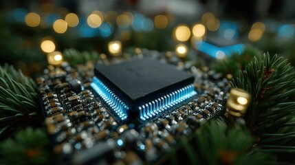 Futuristic Christmas border of glowing microchip circuits intertwined with soft illuminated fir branches and ice, framing a clean central space.