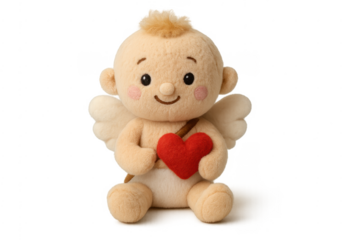 Stuffed cupid cherub holding red heart for valentine's day