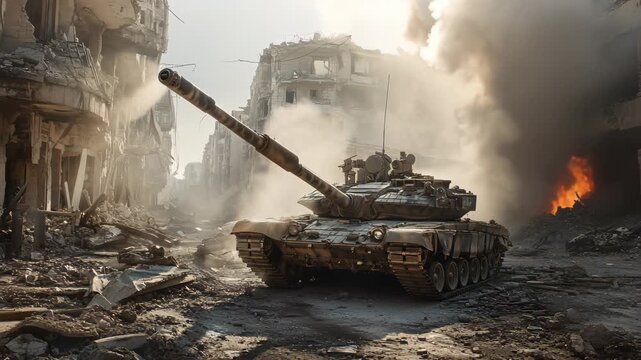 Powerful military tank firing its cannon in a war-torn city. Devastating urban warfare scene with smoke, fire, and bombed buildings