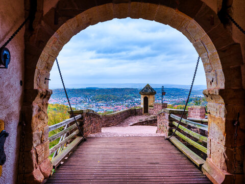 View of Eisenach town framed by Wartburg Castle arch, Germany