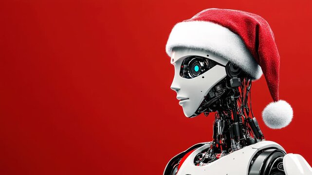Futuristic female humanoid robot wearing a santa claus hat, celebrating christmas. Advanced technology and artificial intelligence concept