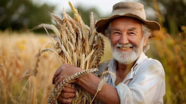 A closeup portrait of a man in a wheat field, holding a bundle of wheat. The man is wearing a hat and has a white beard and mustache. The wheat field is golden and brown.