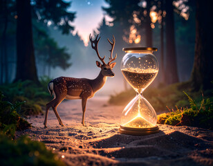 Deer and hourglass in dreamy forest time nature and mystical light