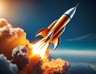 a stylized rocket launches into a dramatic sky with fiery exhaust symbolizing success and ambition