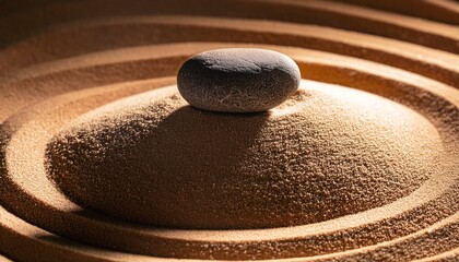 a single smooth stone rests atop a miniature zen garden mound with elegantly raked sand patterns illuminated by warm light