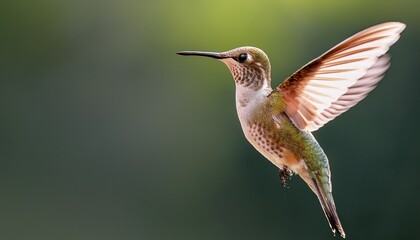 Fototapeta premium blurry hummingbird in flight soft green and gray background nature photography