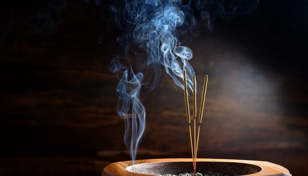 burning incense sticks release wisps of smoke against a dark atmospheric background