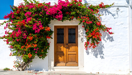 Doorway adorned with vibrant bougainvillea on a white stucco wall