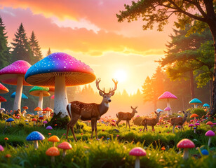 Deer grazing in a magical mushroom field at sunset or sunrise