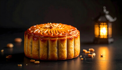 Delicious golden mooncake with intricate pattern for holiday celebration
