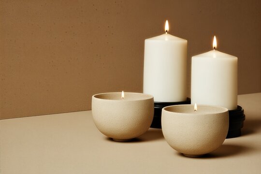 Still Life Arrangement of Altar Elements With Candles and Bowls on Neutral Background