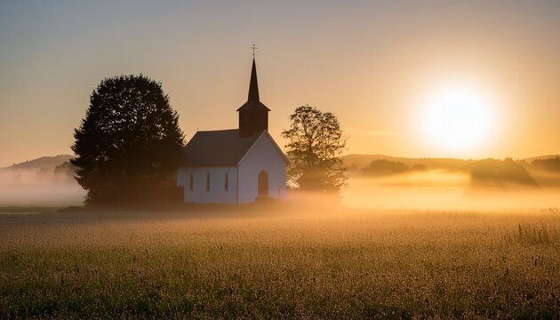 misty church at dawn