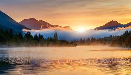 Obraz premium misty mountain sunrise over tranquil lake
