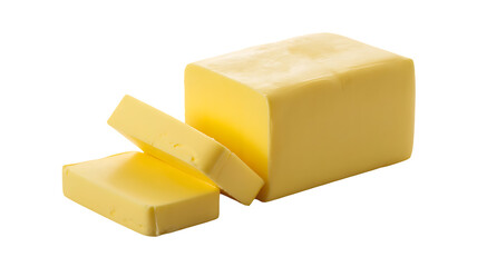 Fresh yellow butter block with two slices cut off, isolated on transparent background for food photography and dairy product representation