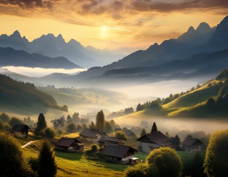 misty mountain village at sunrise