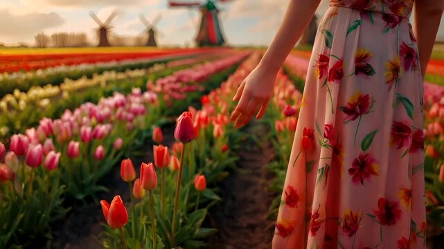 A woman in a floral dress reaches out to touch a tulip field during sunset. The scene is set against a backdrop of a windmill and a city skyline.