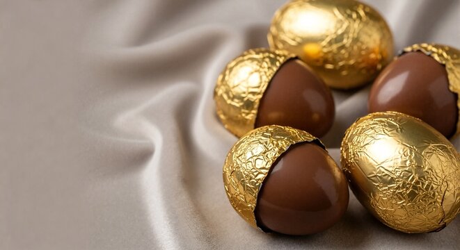 Premium chocolate easter eggs wrapped in gold foil. Gourmet holiday candy on a luxurious silk background. Spring celebration treat with copy space - Powered by Adobe