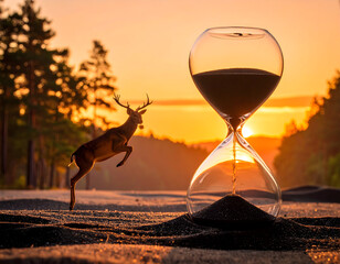 Deer leaps beside hourglass at sunset symbolizing time passing in nature